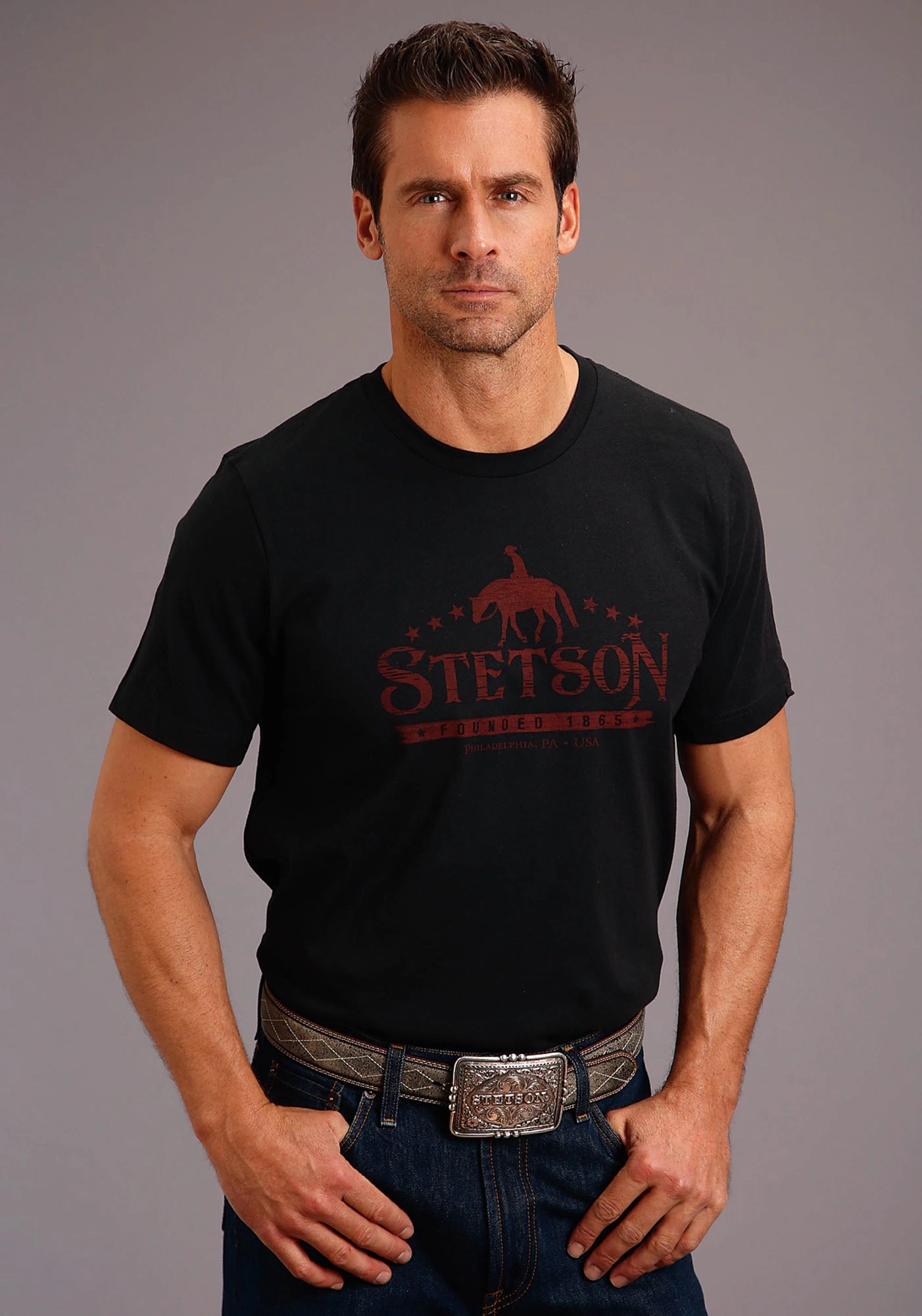 Easy Styling Stetson Mens Black 100% Cotton Man On Horse S/S T-Shirt