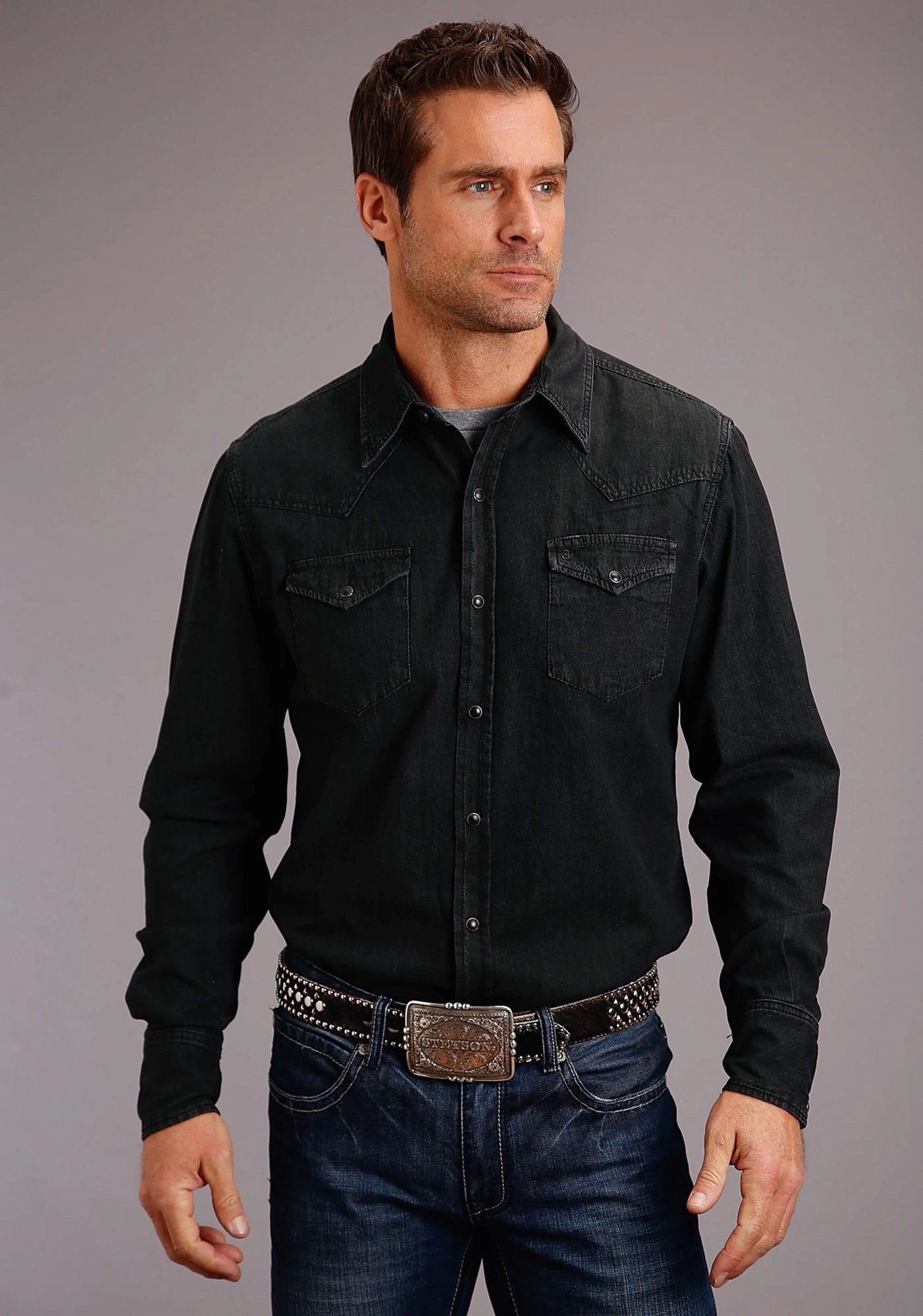 Midweight Textile Stetson Mens Black 100% Cotton Western Denim L/S Shirt