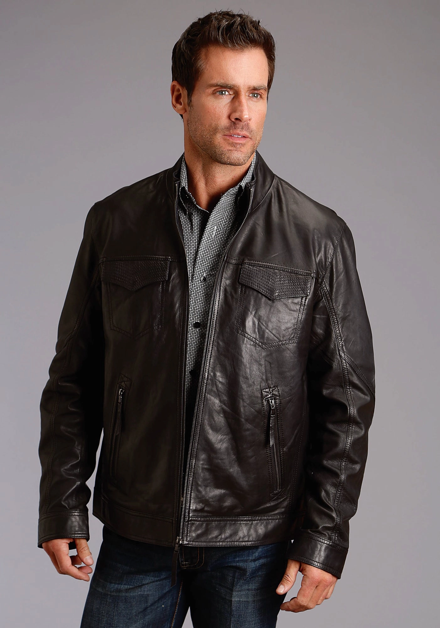 Active Urban Layer Zipper Closure Mechanism Stetson Mens Black Leather Smooth Bomber Jacket