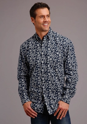Youthful Style Stetson Mens Blue 100% Cotton Frontier Floral BD L/S 1 Pkt Shirt