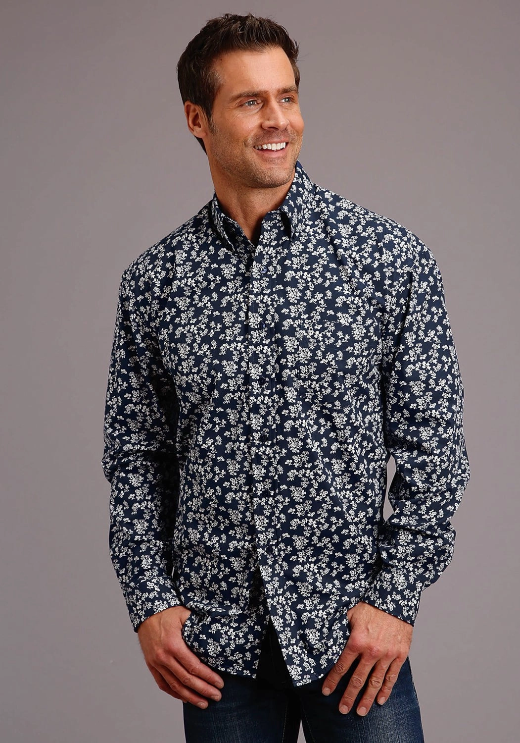 Youthful Style Stetson Mens Blue 100% Cotton Frontier Floral BD L/S 1 Pkt Shirt