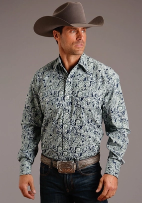 Stetson Mens Blue 100% Cotton Greenspring Paisley L/S 2 Pocket Shirt Classy Detail adult clothing