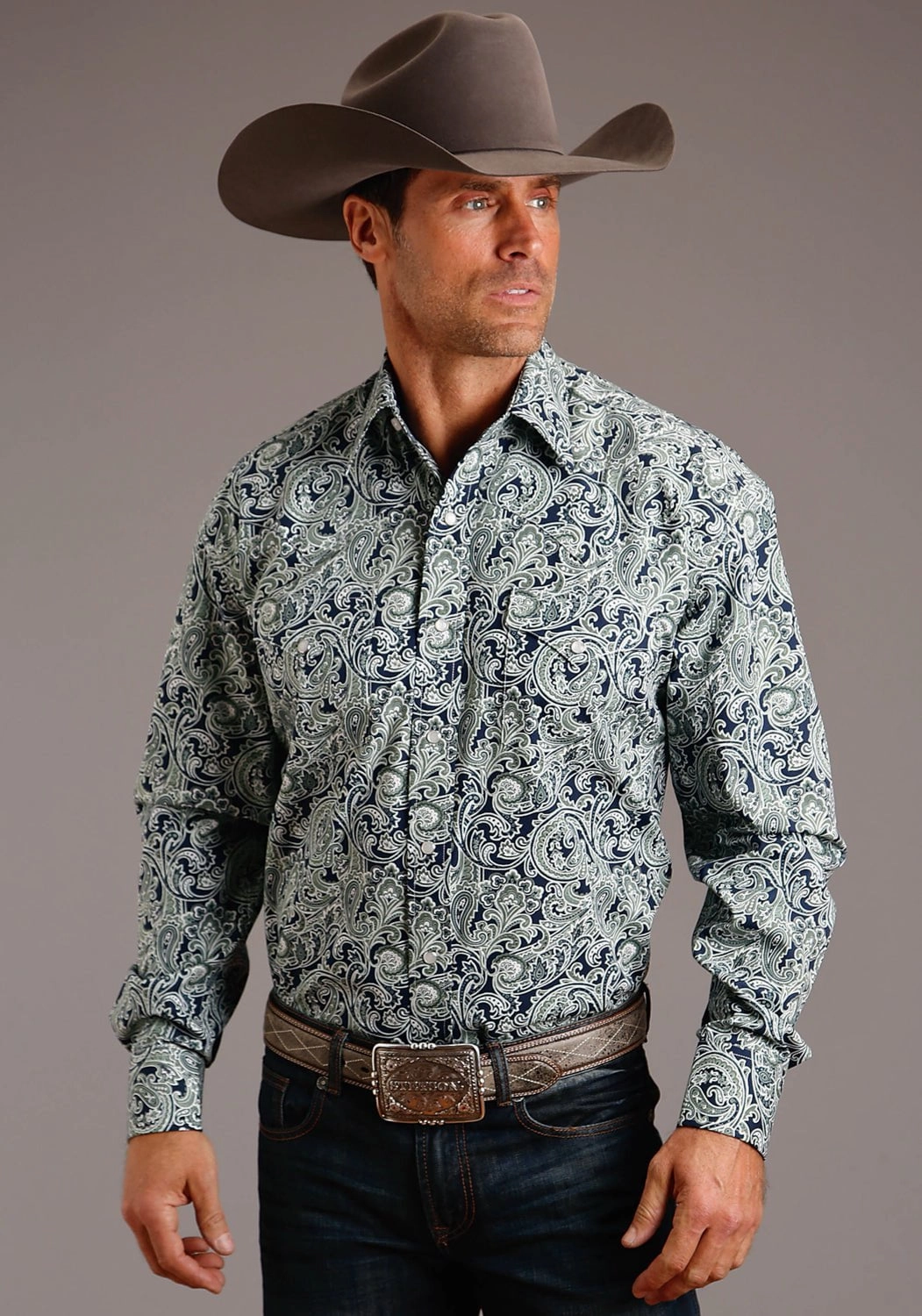 Ventilated Back Custom Fit Stetson Mens Blue 100% Cotton Greenspring Paisley L/S 2 Pocket Shirt