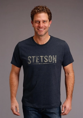Wardrobe Must-Have Stetson Mens Blue Cotton Blend Distressed Logo S/S T-Shirt