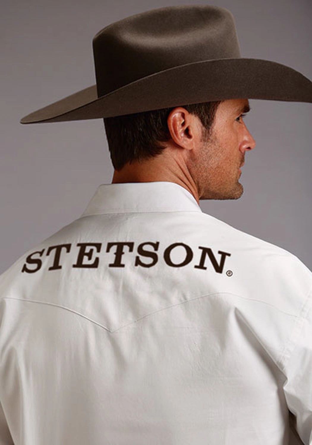 Stetson Mens Bold Logo White 100% Cotton L/S Shirt Snag Resistant Fabric