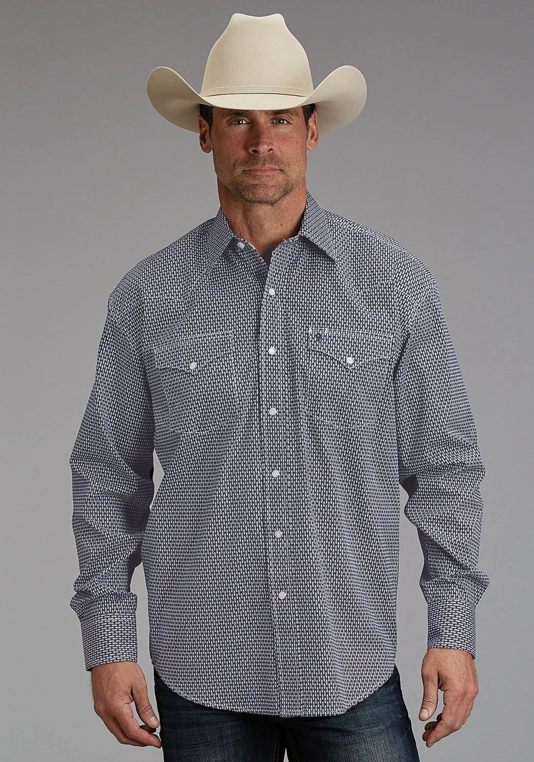 Stetson Mens Broken Diamond Navy 100% Cotton L/S Shirt Morning Comfort