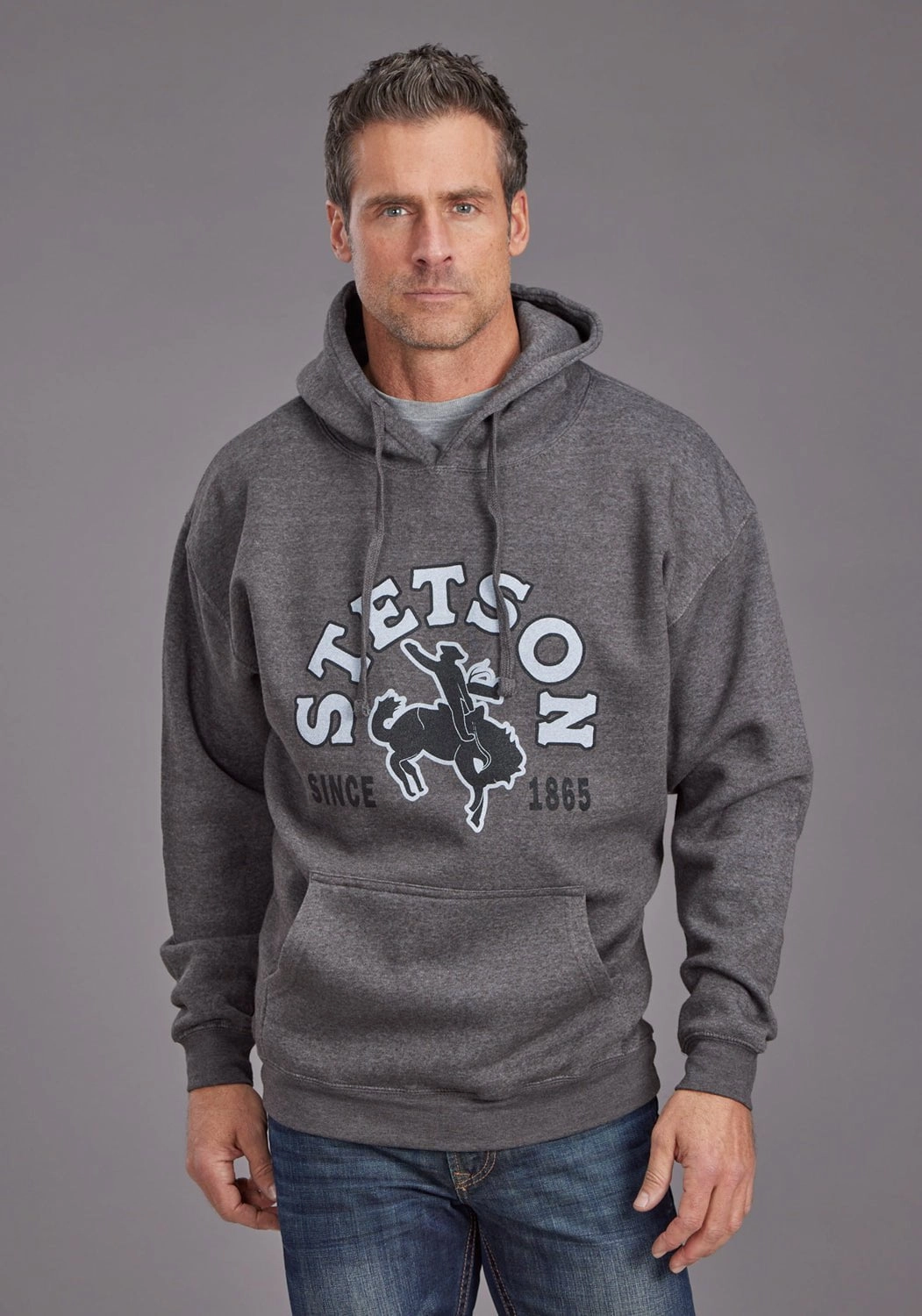 Stetson Mens Bronc Rider Charcoal Cotton Blend Hoodie Relaxed City Style Stowable Hood