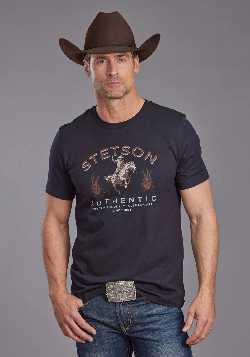 Stetson Mens Bronc Scenery Black 100% Cotton S/S T-Shirt Seamless Edging OekoTexCertified
