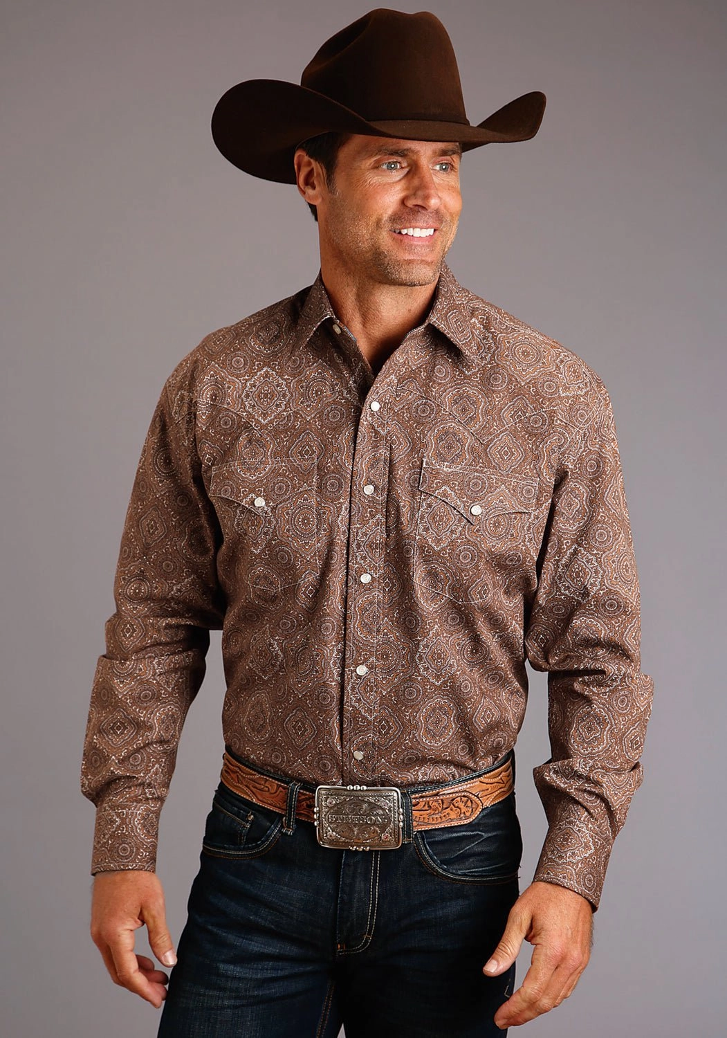 Dressy look Stylish Detail Stetson Mens Brown 100% Cotton Medallion Paisley L/S 2 Pkt Shirt