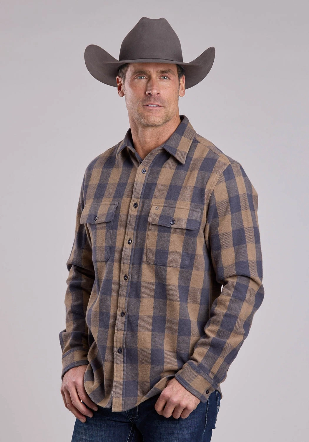 Weekend Outing Boho chic Stetson Mens Brushed Buffalo Check Brown/Gray 100% Cotton Btn L/S Shirt