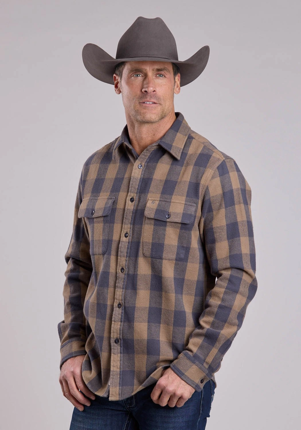 Double Stitched Hems Stetson Mens Brushed Buffalo Check Brown/Gray 100% Cotton Btn L/S Shirt