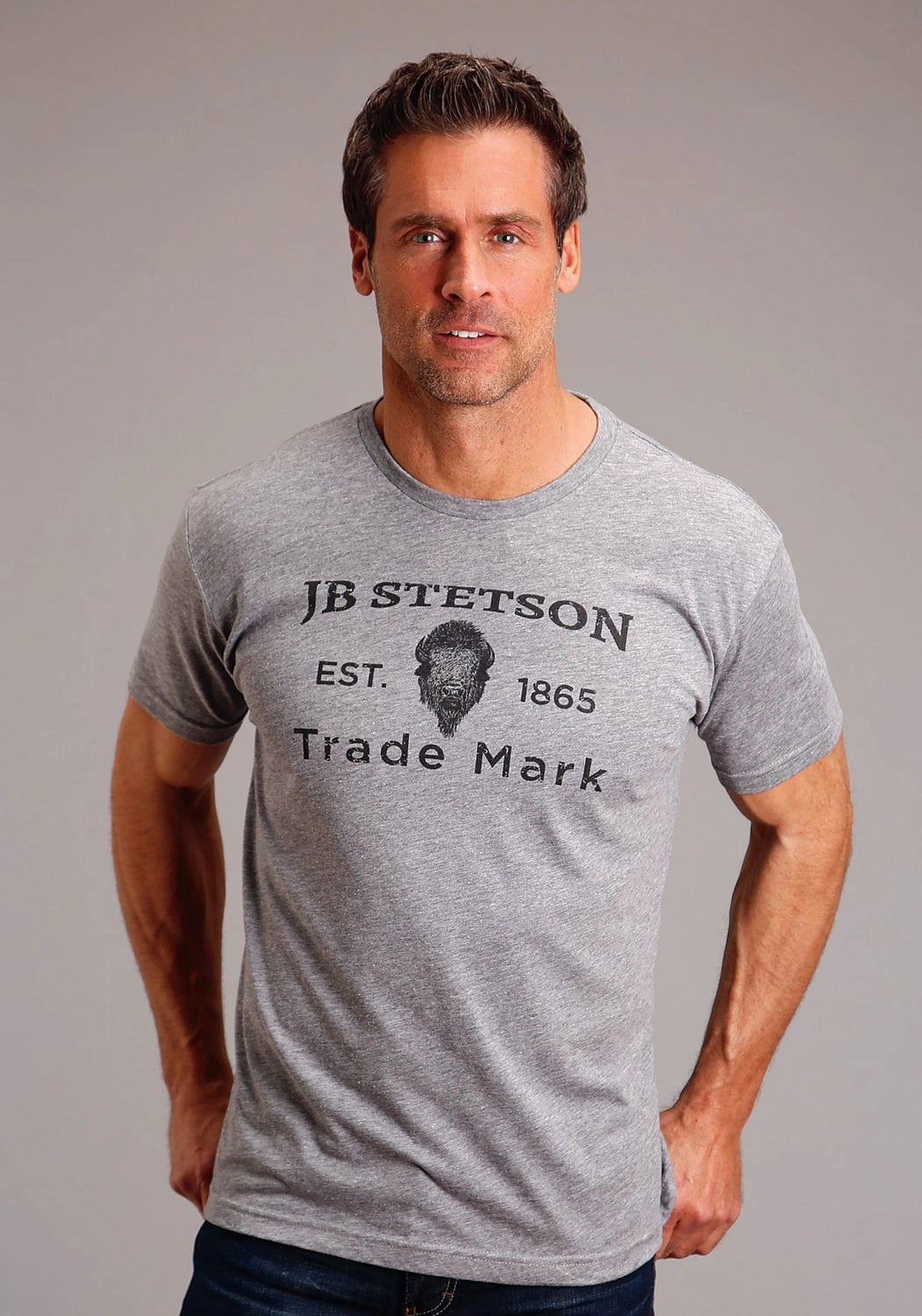 Moisture Management Stetson Mens Buffalo Head Grey Cotton Blend S/S T-Shirt