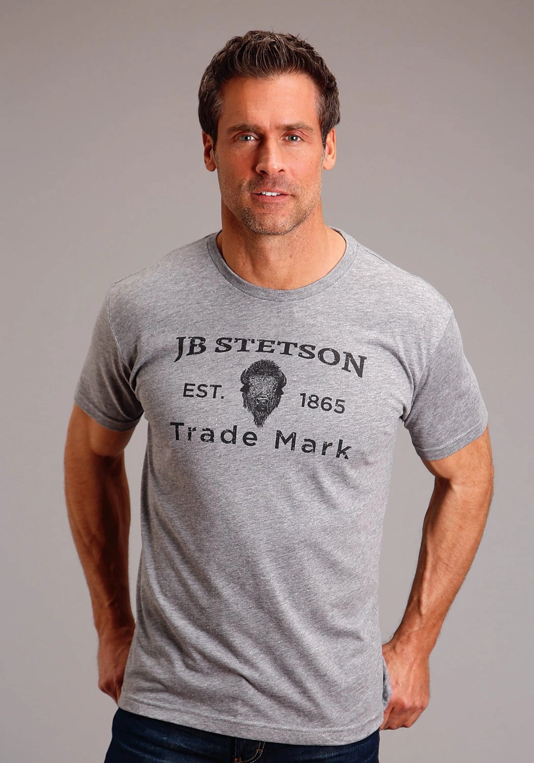 Reinforced Neckline Comfy and Soft Stetson Mens Buffalo Head Grey Cotton Blend S/S T-Shirt