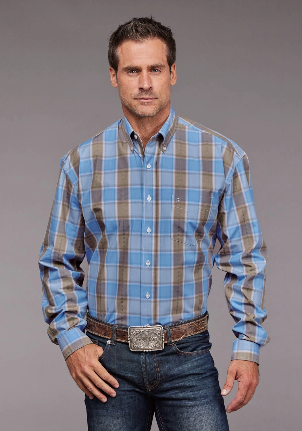 Holiday Special Anti Pilling Treatment Stetson Mens Chambray Dobby Plaid Blue 100% Cotton 1 Pkt L/S Shirt