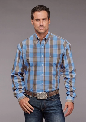 Holiday Special Anti Pilling Treatment Stetson Mens Chambray Dobby Plaid Blue 100% Cotton 1 Pkt L/S Shirt