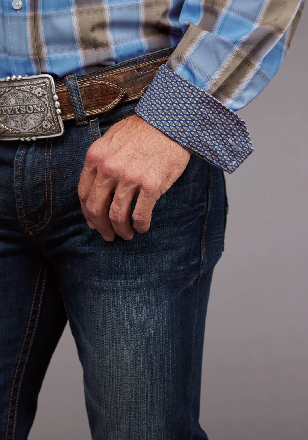 Static Dissipating Fiber Stetson Mens Chambray Dobby Plaid Blue 100% Cotton 1 Pkt L/S Shirt