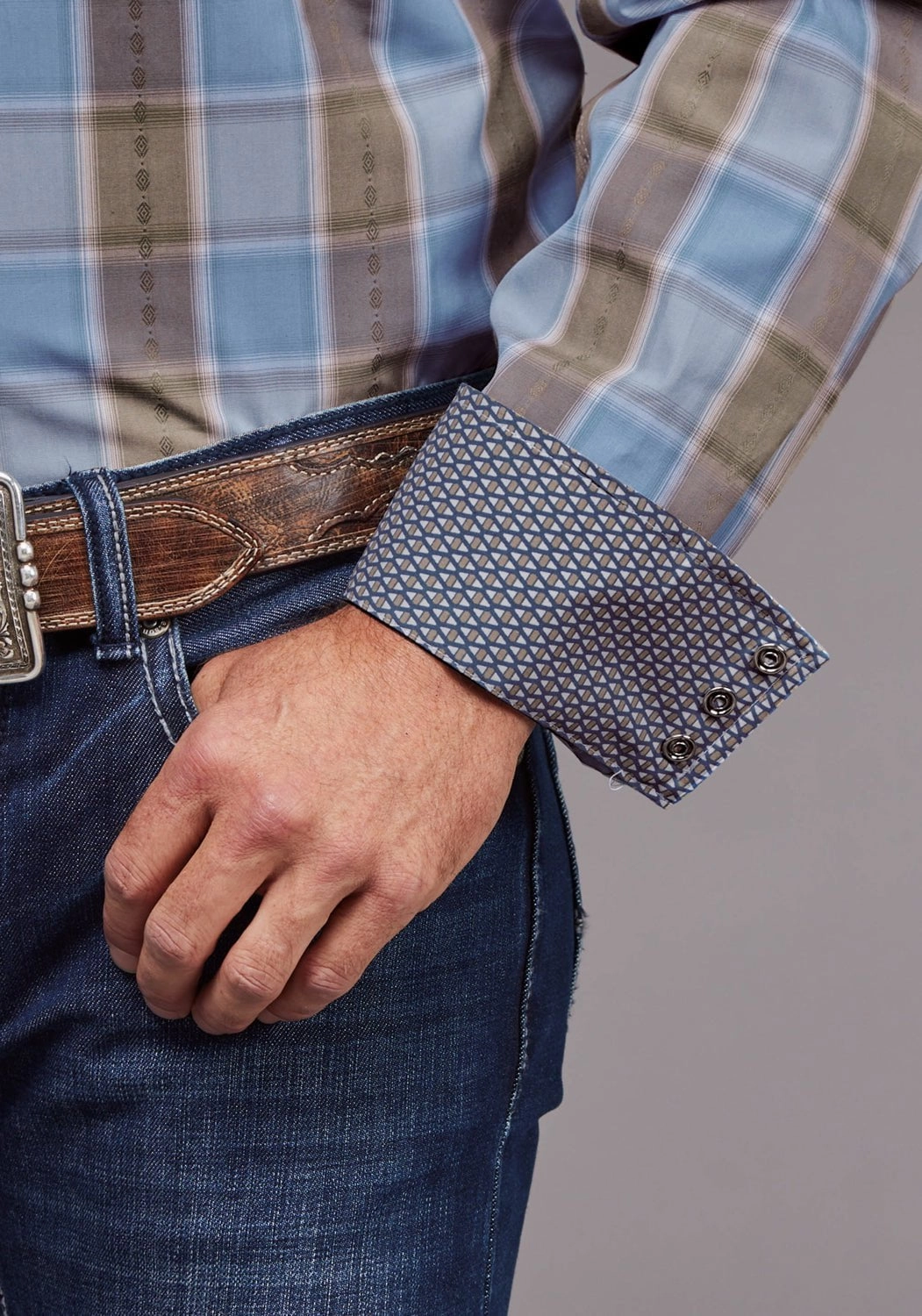 Layering Essential Stetson Mens Chambray Dobby Plaid Blue 100% Cotton L/S Shirt