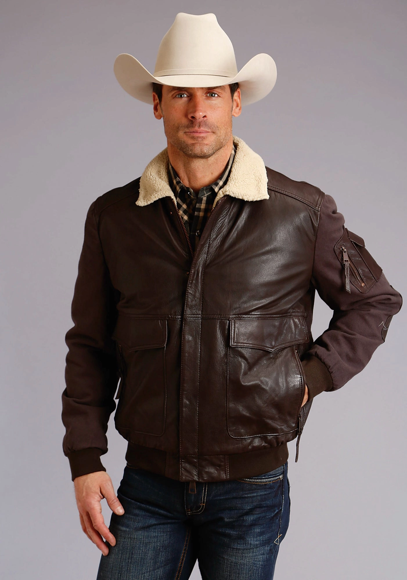 Noise Reduced Fasteners Stetson Mens Dark Brown Leather Canvas Bomber Jacket