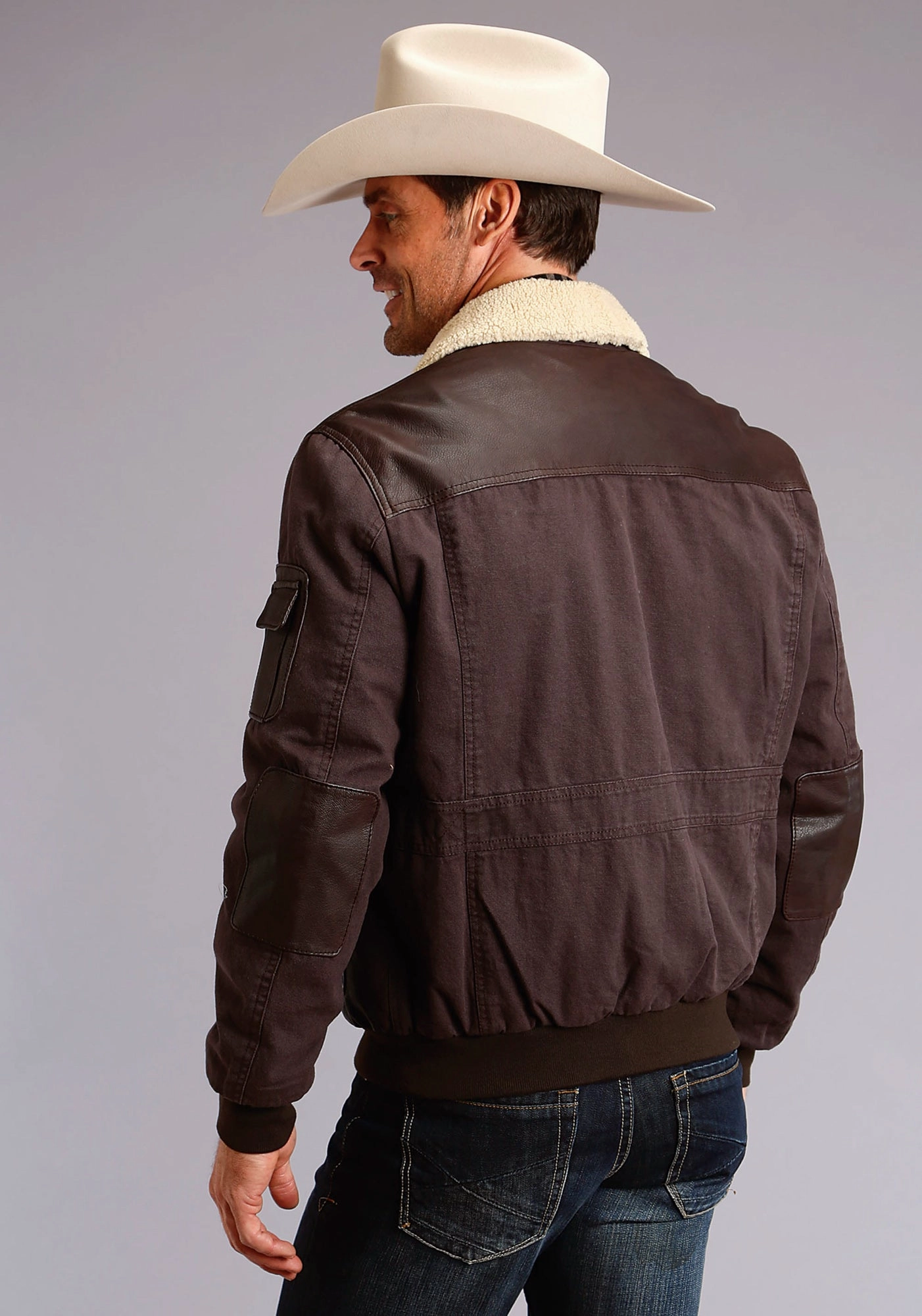 Mid Length Design Stetson Mens Dark Brown Leather Canvas Bomber Jacket