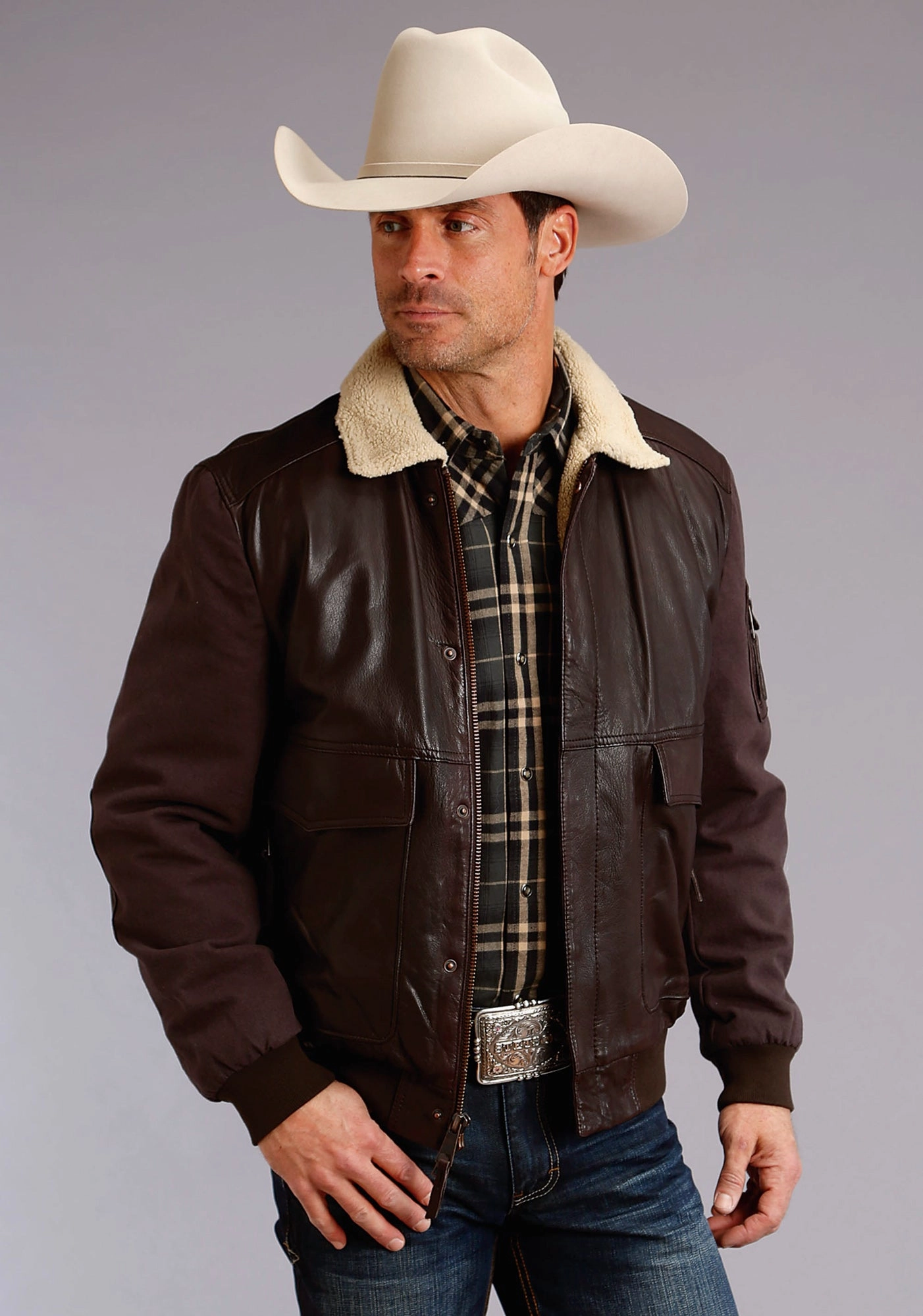 High Performance Blend Stetson Mens Dark Brown Leather Canvas Bomber Jacket