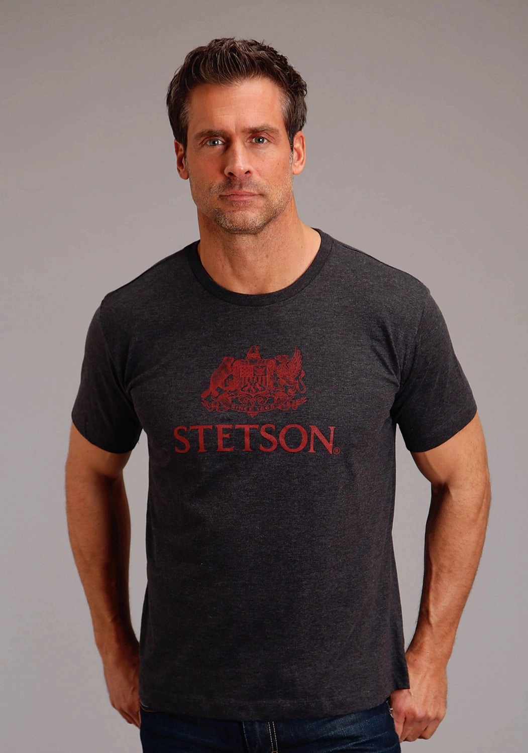 Linen blend Checkered Print Stetson Mens Dark Grey Cotton Blend Crest Screenprint S/S T-Shirt
