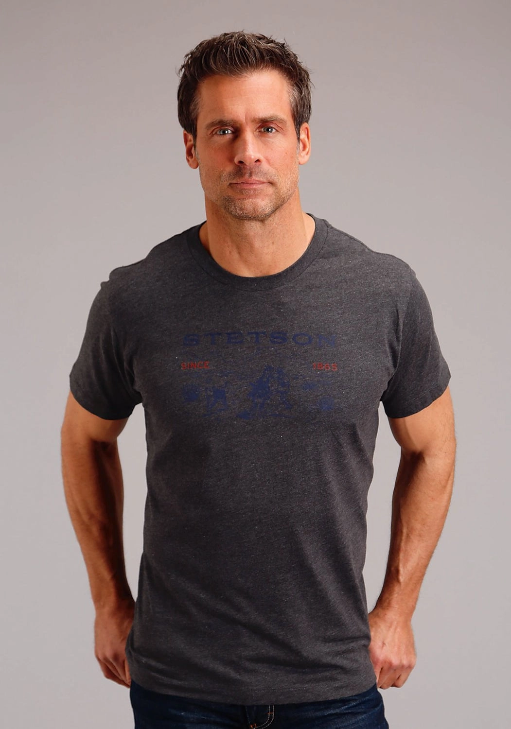 Stetson Mens Dark Grey Cotton Blend Desert Scene S/S T-Shirt High-Quality Fabric Outdoor Adventure