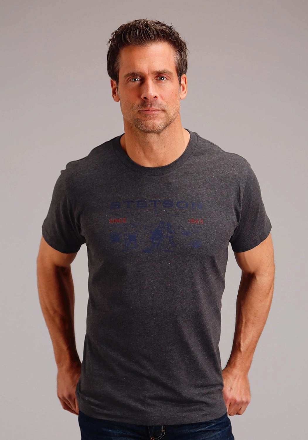 Stetson Mens Dark Grey Cotton Blend Desert Scene S/S T-Shirt Edgy style Lightweight Weave