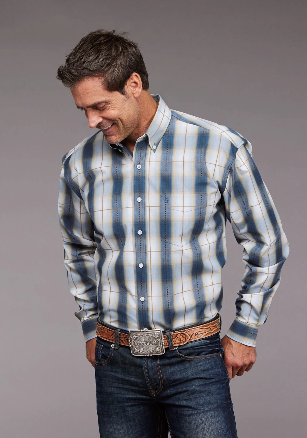 tall size Non Chafe Seams Stetson Mens Denim Dobby Plaid Blue 100% Cotton 1 Pkt L/S Shirt