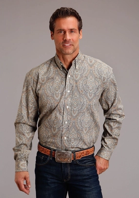 Stetson Mens Desert Medallion Paisley Brown 100% Cotton L/S Shirt Casual Wear Classic Collar