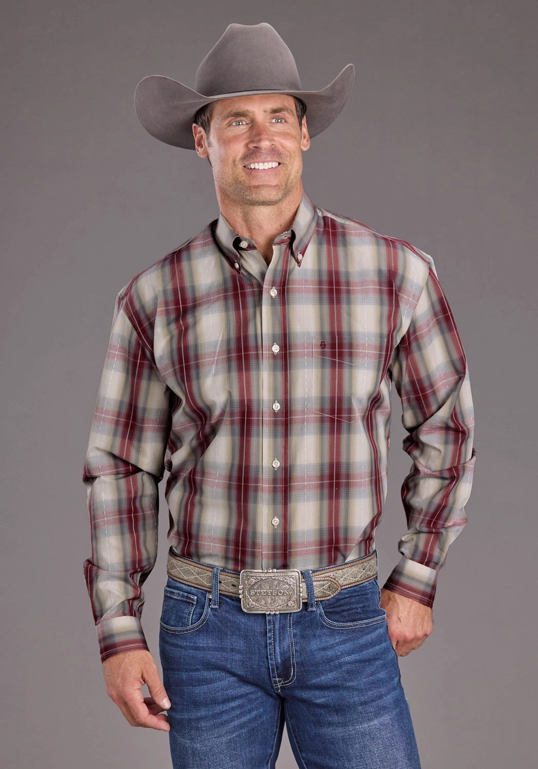 Contemporary Look Button Down Design Stetson Mens Diamond Ranch Dobby Wine 100% Cotton 1 Pkt L/S Shirt