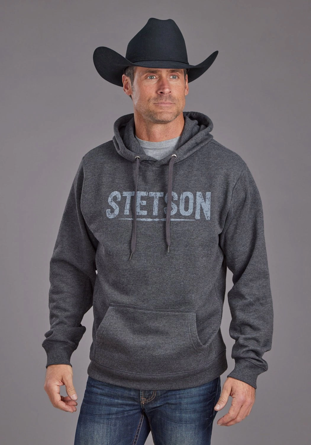 Essential Casual Look Ergonomic Cut Stetson Mens Distressed Logo Black Cotton Blend Hoodie