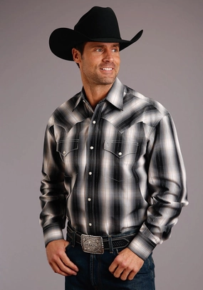 Stetson Mens Dobby Ombre Black/White 100% Cotton Tall L/S Shirt Brushed Inner Lining