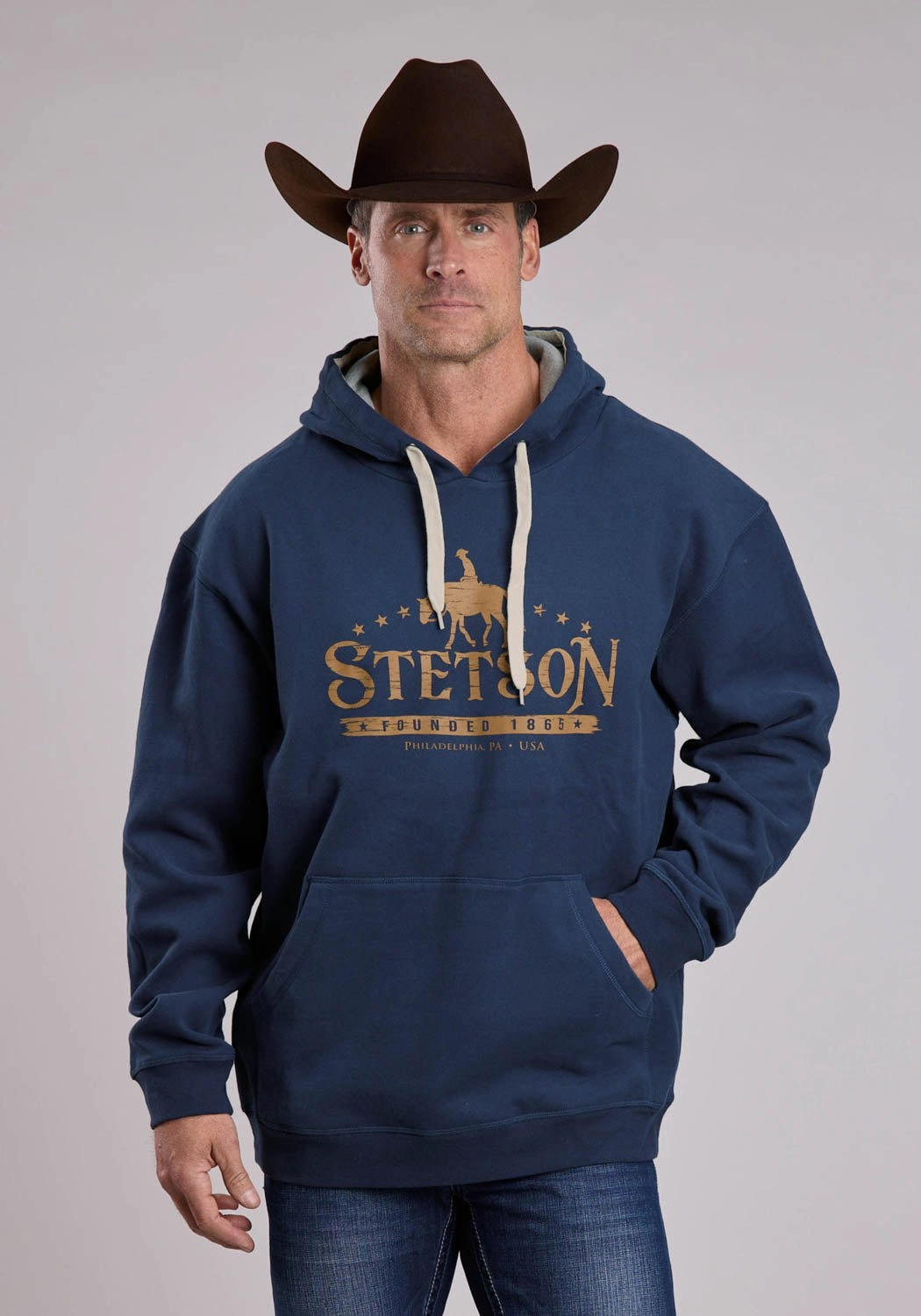 Stetson Mens Founded in 1865 Cowboy Navy Cotton Blend Hoodie Weatherproof Zipper Tech Work Tough
