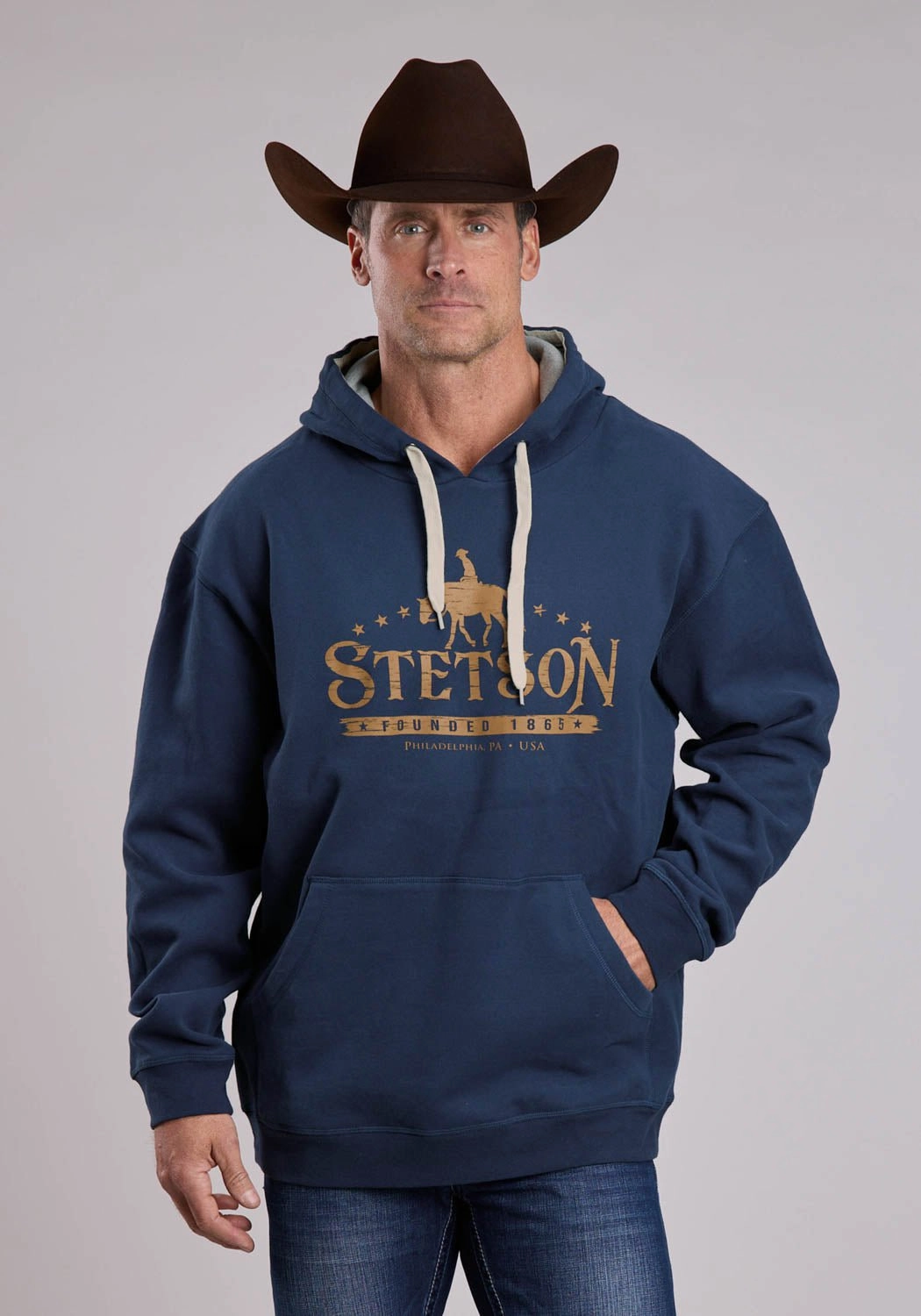 Extended Coverage Daily Wear Stetson Mens Founded in 1865 Cowboy Navy Cotton Blend Hoodie