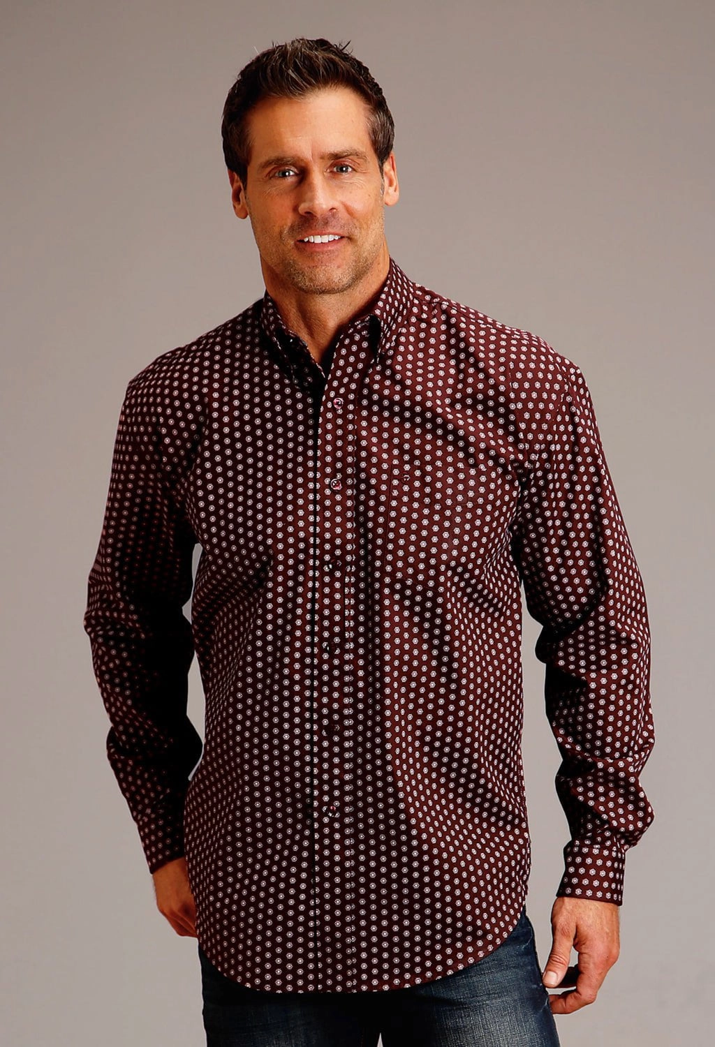 Stetson Mens Geometric Sunburst Wine 100% Cotton L/S Shirt Summer Vibes Micro Perforated Texture