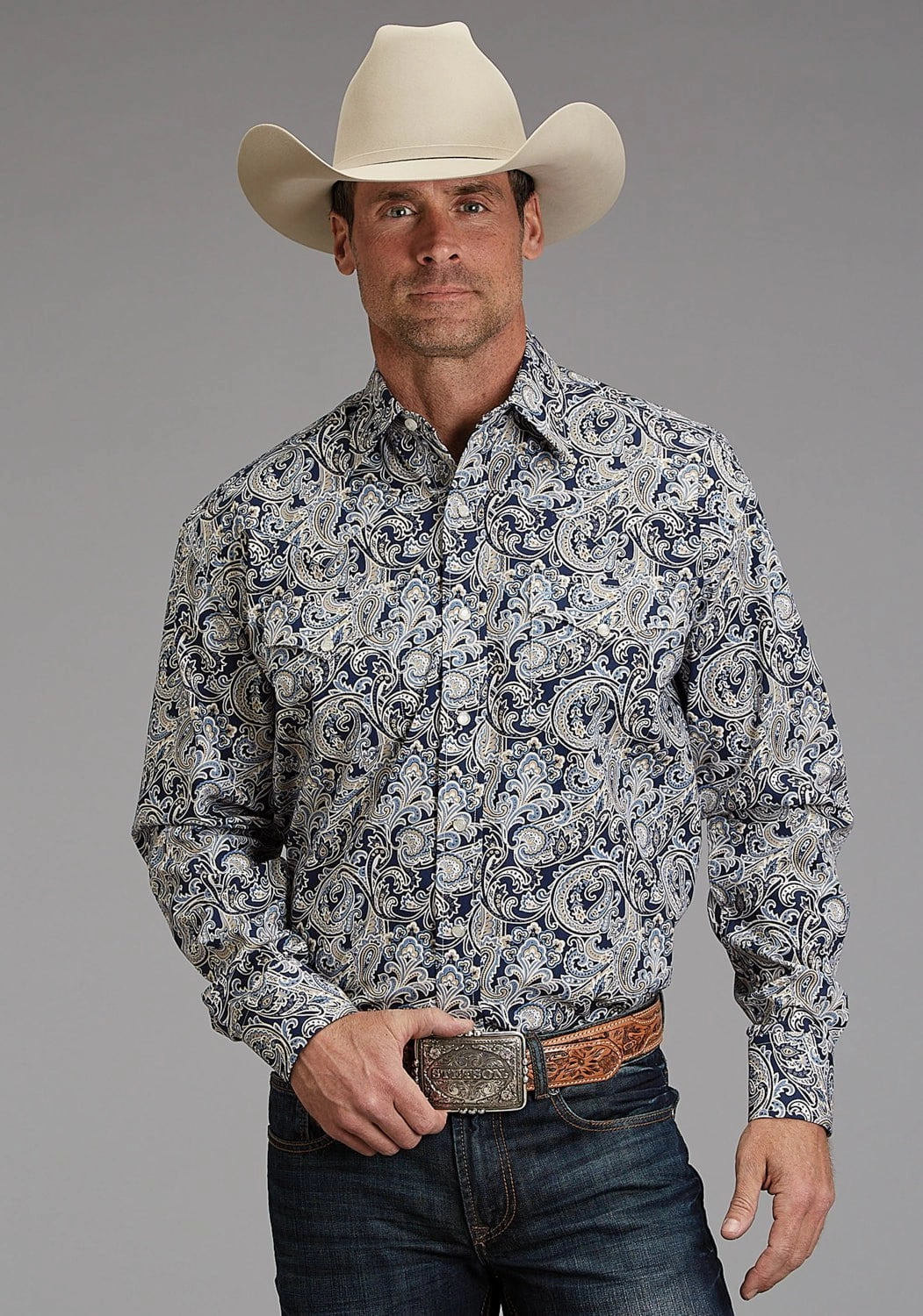 Anti Static Treatment Stetson Mens Greenspring Paisley Blue 100% Cotton L/S Shirt