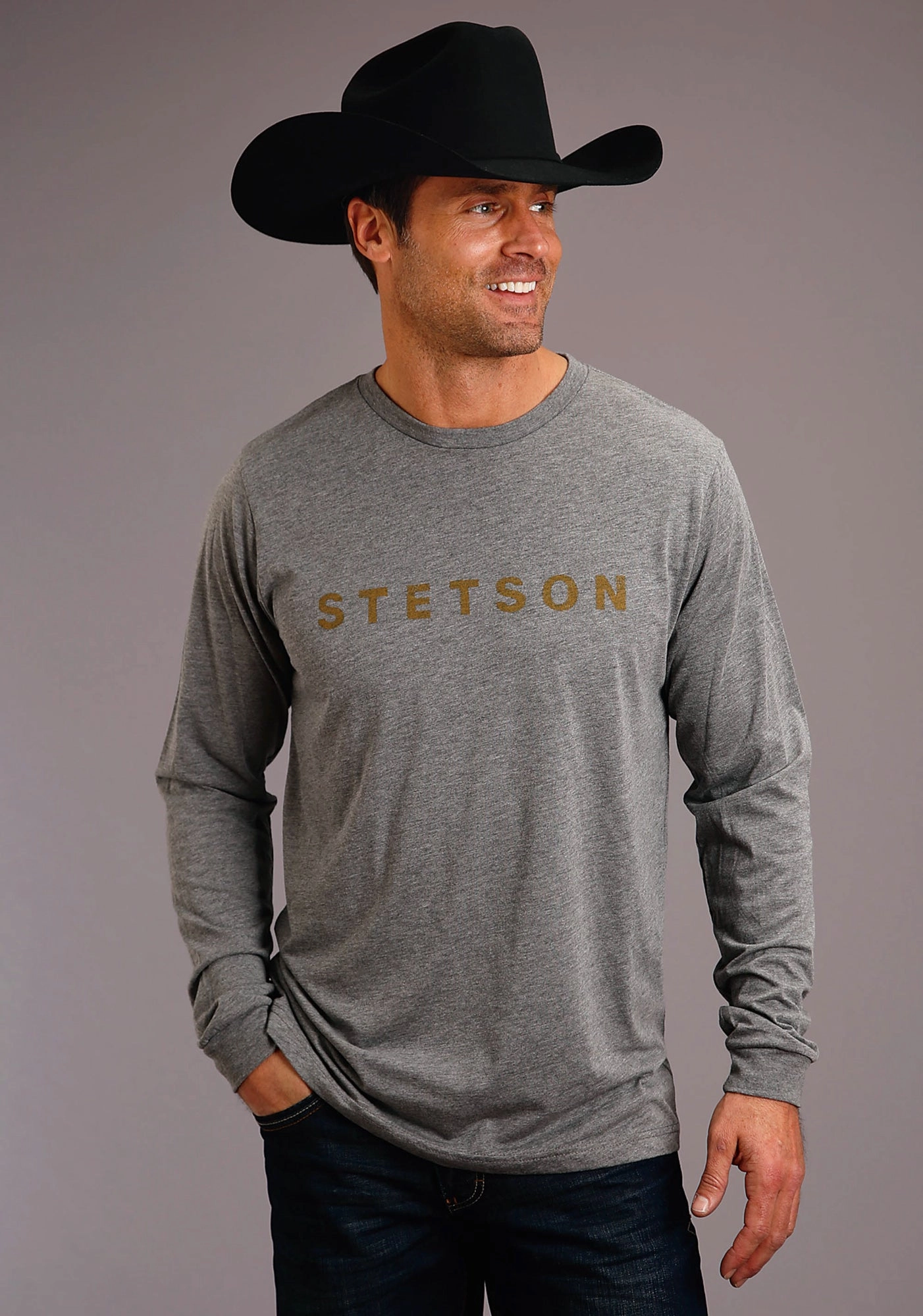 Stetson Mens Grey Cotton Blend Dark Gold Logo L/S T-Shirt High Street Fashion