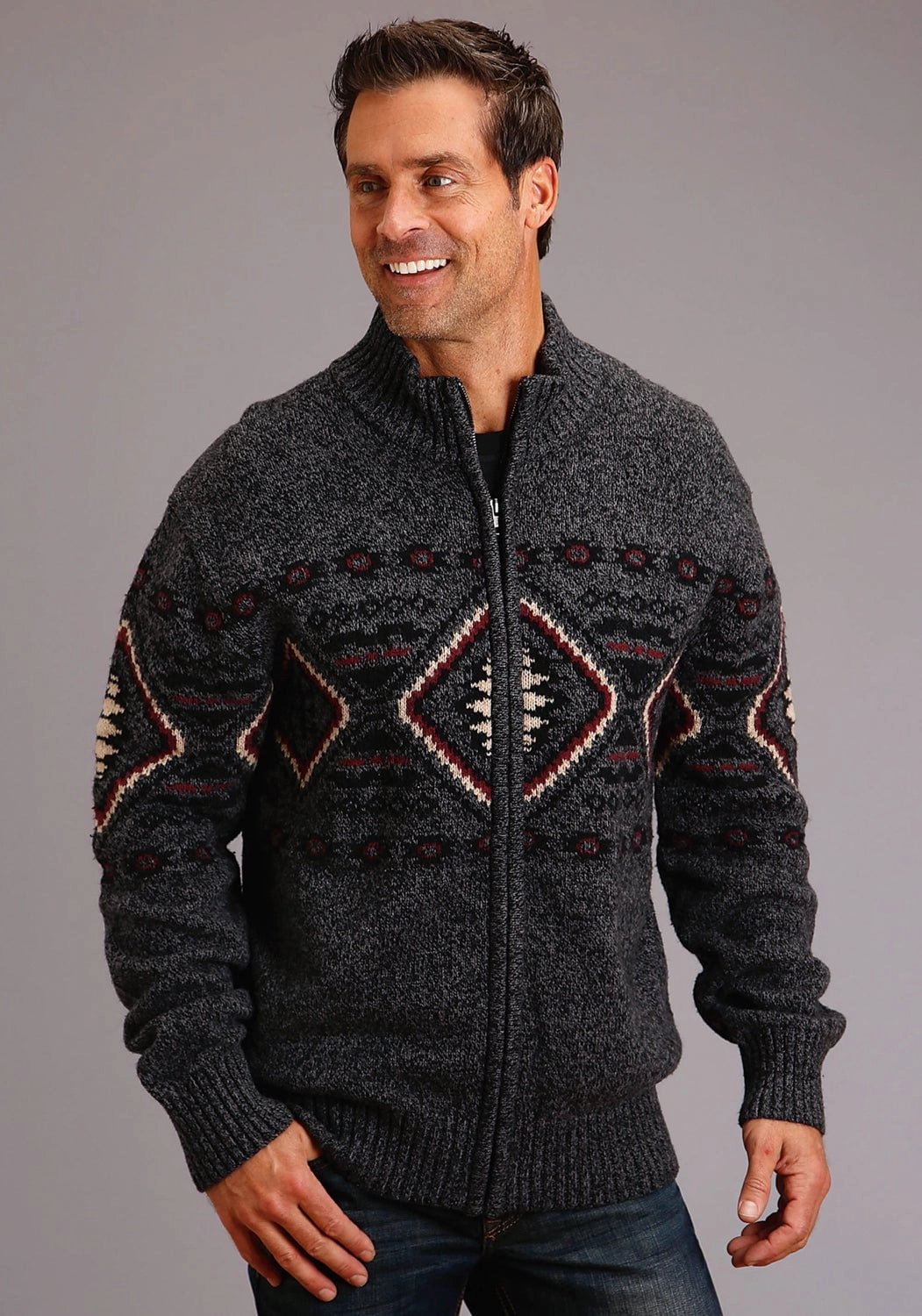 Travel-friendly Resort Wear Stetson Mens Grey Cotton/Wool Diamond Knit Cardigan
