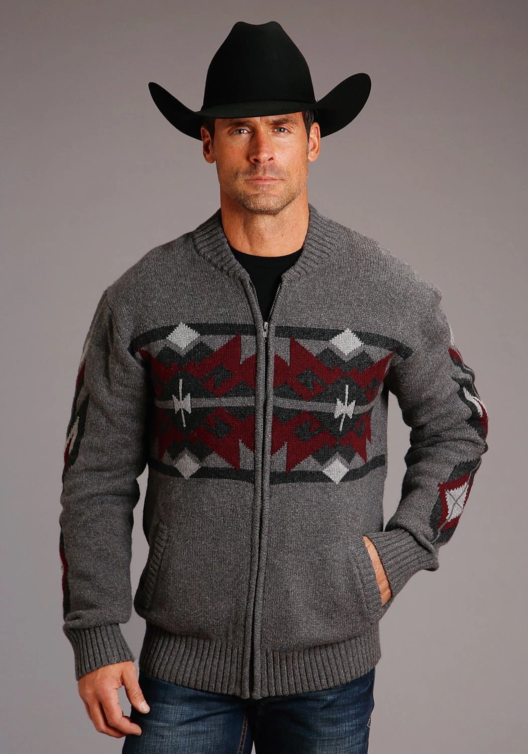 Anti Pilling Treatment Stetson Mens Grey/Red Cotton/Wool Aztec Pattern Cardigan