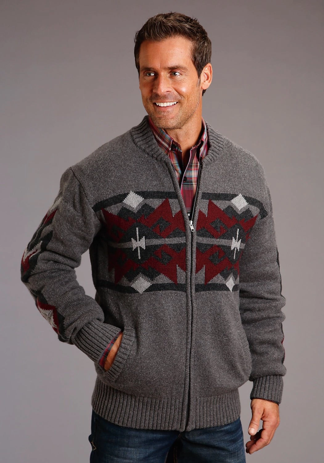 Year-Round Wear Soft Texture Stetson Mens Grey/Red Cotton/Wool Aztec Pattern Cardigan