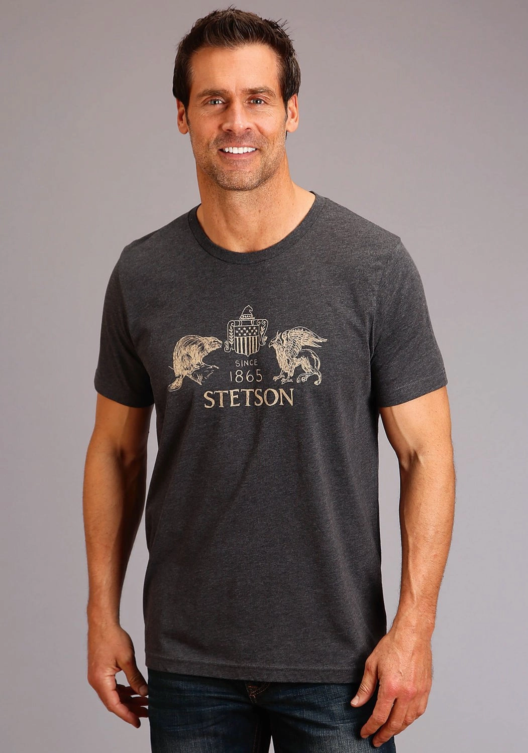 Stetson Mens Heather Grey Cotton Blend Logo Sketch S/S T-Shirt Urban Edge Weekend Vibes
