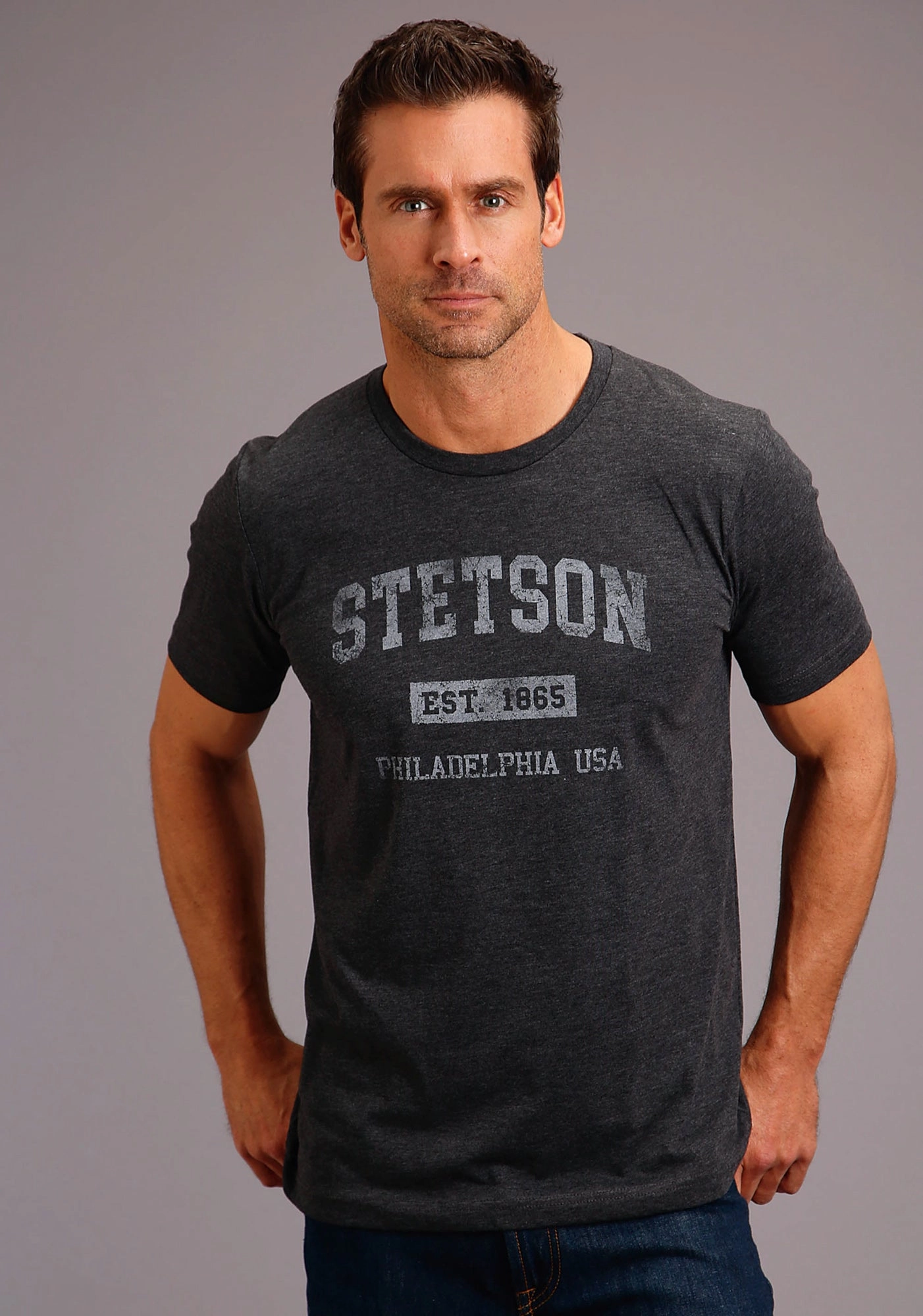 Bold Print Classic Appeal Stetson Mens Heather Grey Cotton Blend Philly S/S T-Shirt