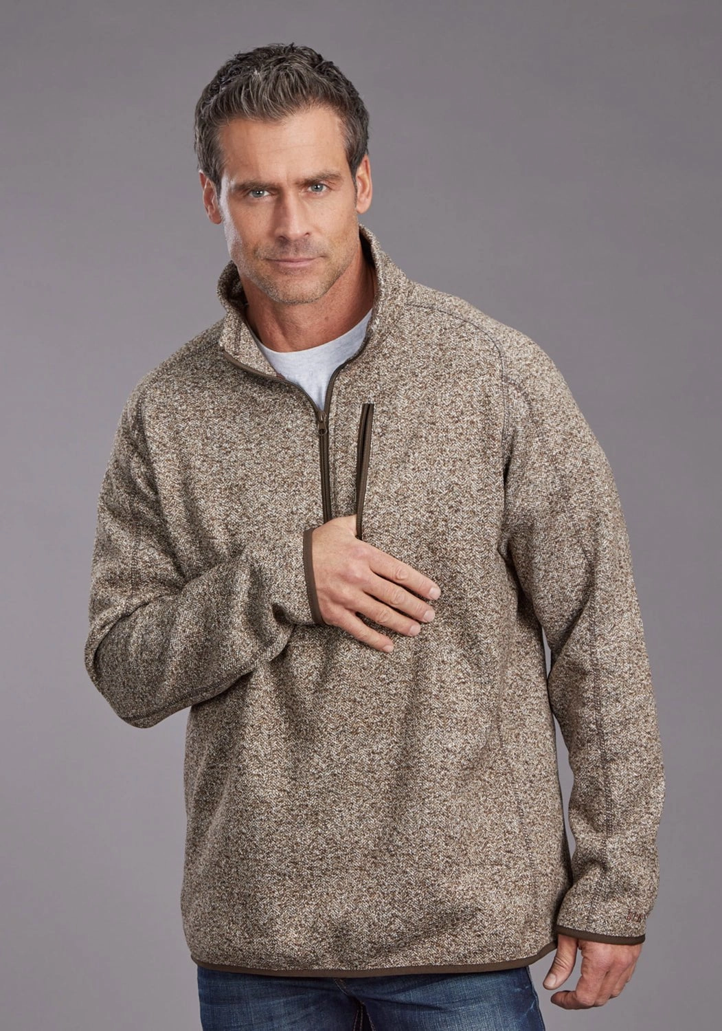 Plaid Design Polished Style Stetson Mens Heather Herringbone Brown 100% Polyester Pullover Sweater