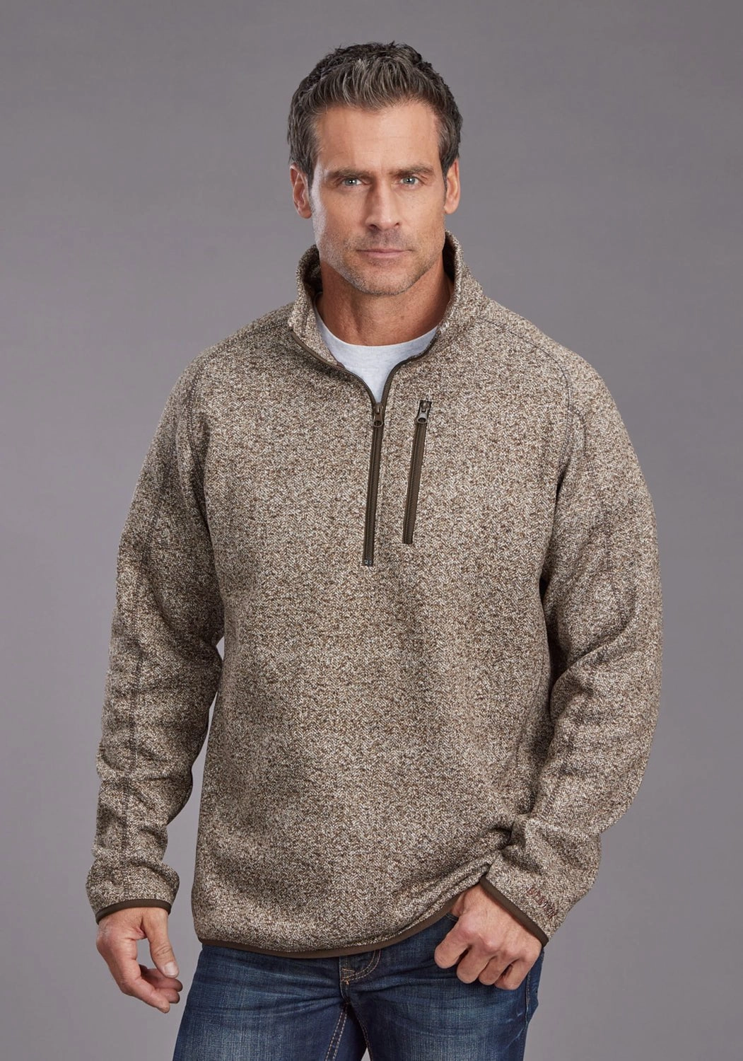 Lightweight Layer Stetson Mens Heather Herringbone Brown 100% Polyester Pullover Sweater