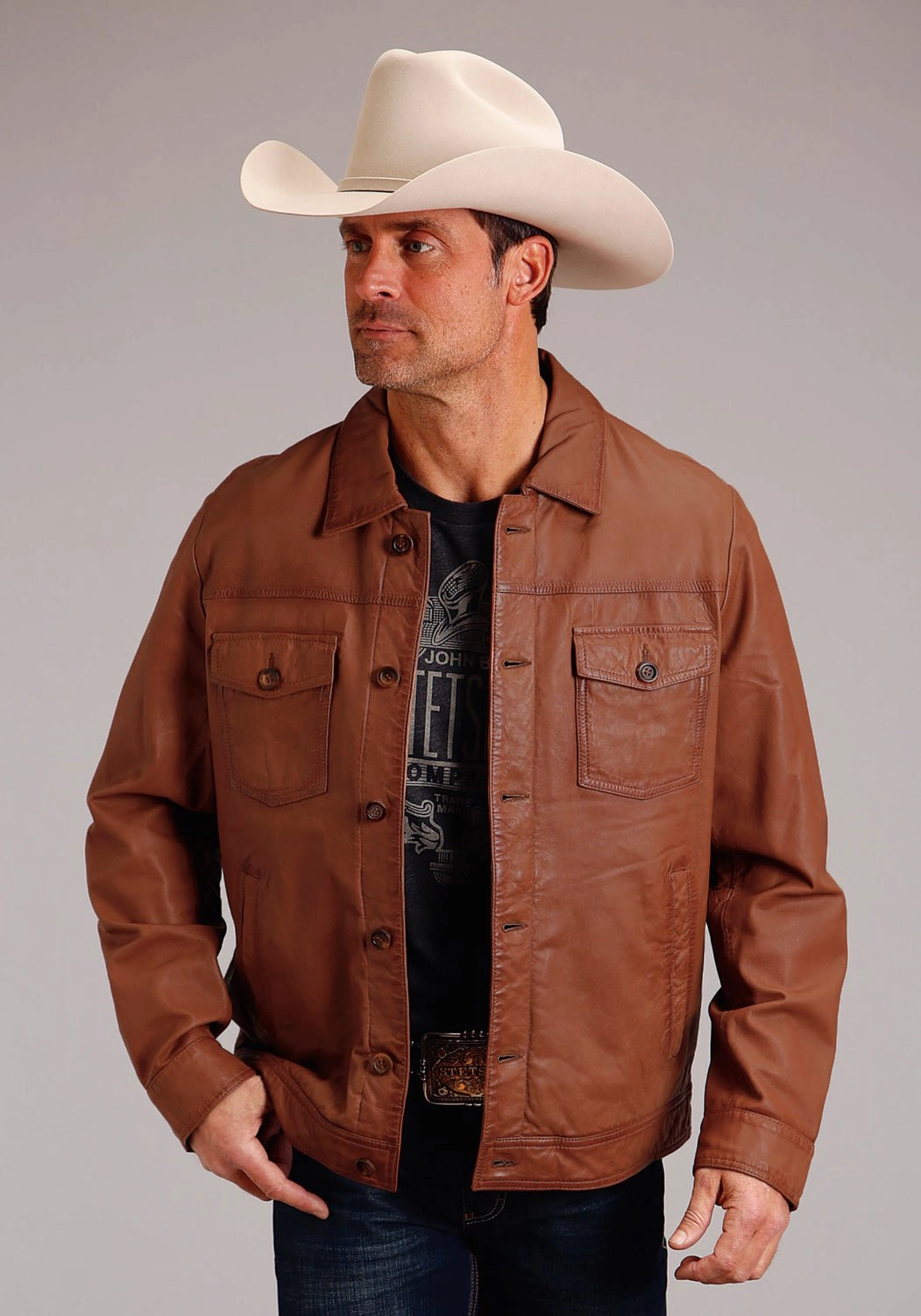 MoistureWickingInterior Stetson Mens Jean Caramel Brown Leather Leather Jacket