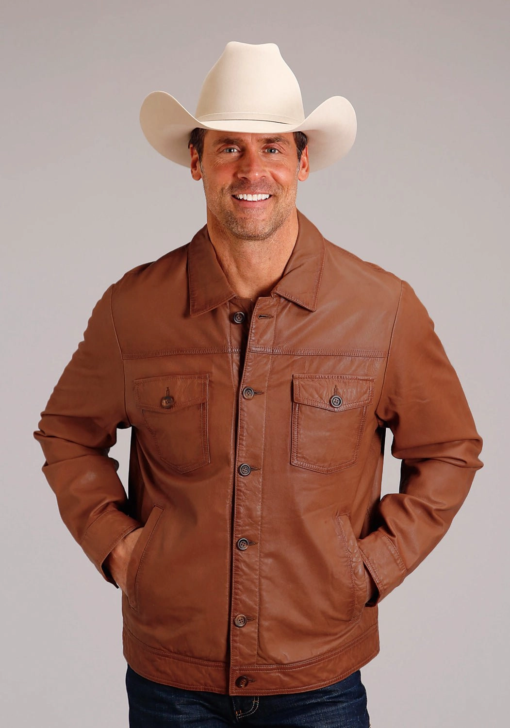 Stetson Mens Jean Caramel Brown Leather Leather Jacket Heat Reflective Lining Ergonomic Seams