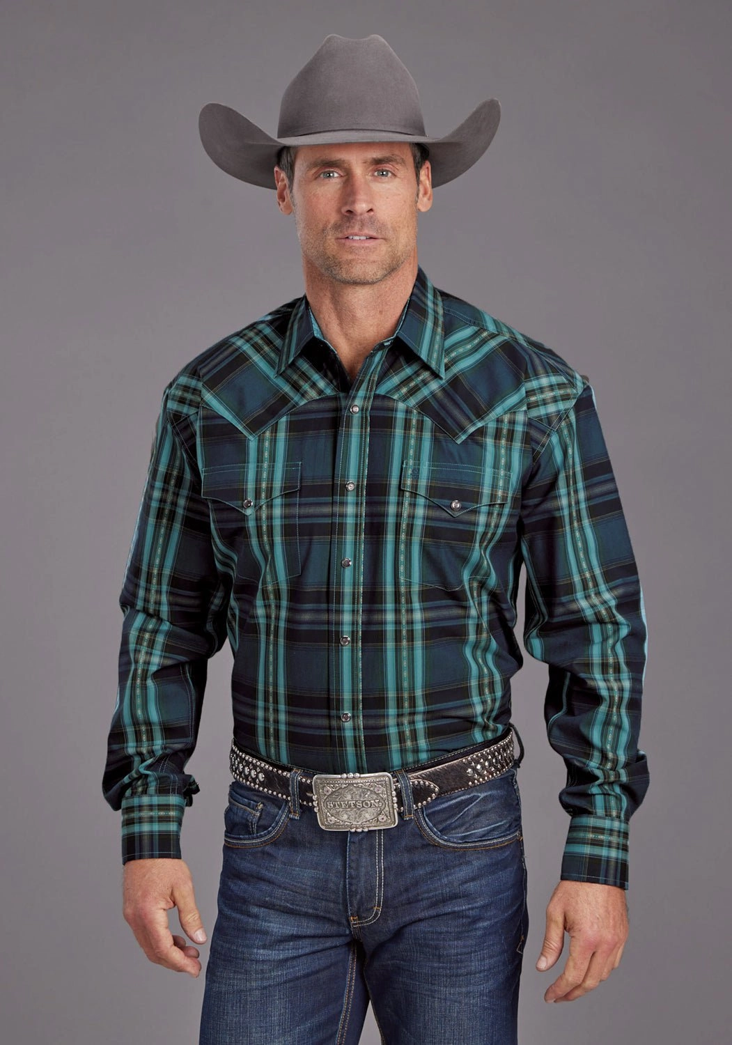 Stetson Mens Lake Dobby Blue 100% Cotton L/S Shirt Midweight Textile