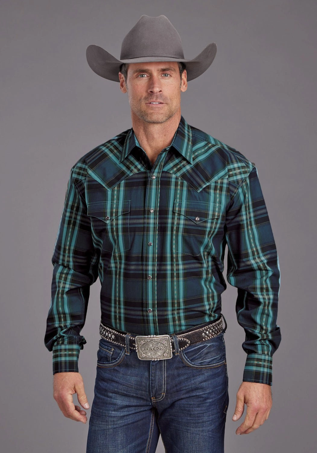 Rooftop Bar Stetson Mens Lake Dobby Blue 100% Cotton L/S Shirt