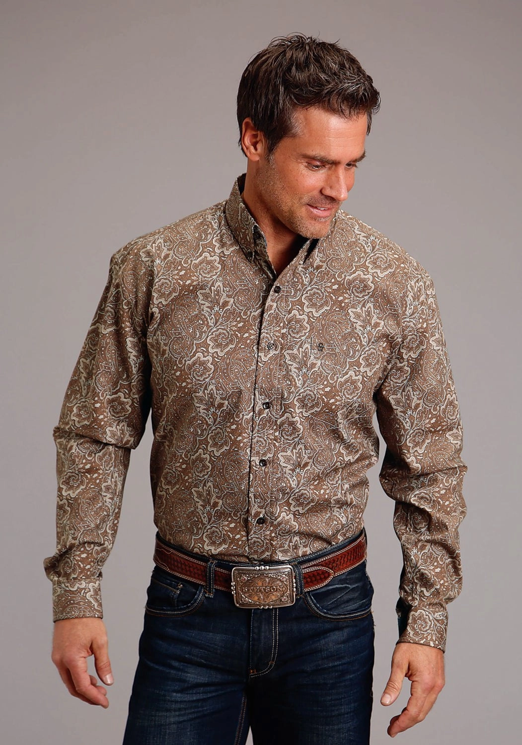 Fall Foliage Functional Fashion Stetson Mens Leather Paisley Brown 100% Cotton L/S Shirt