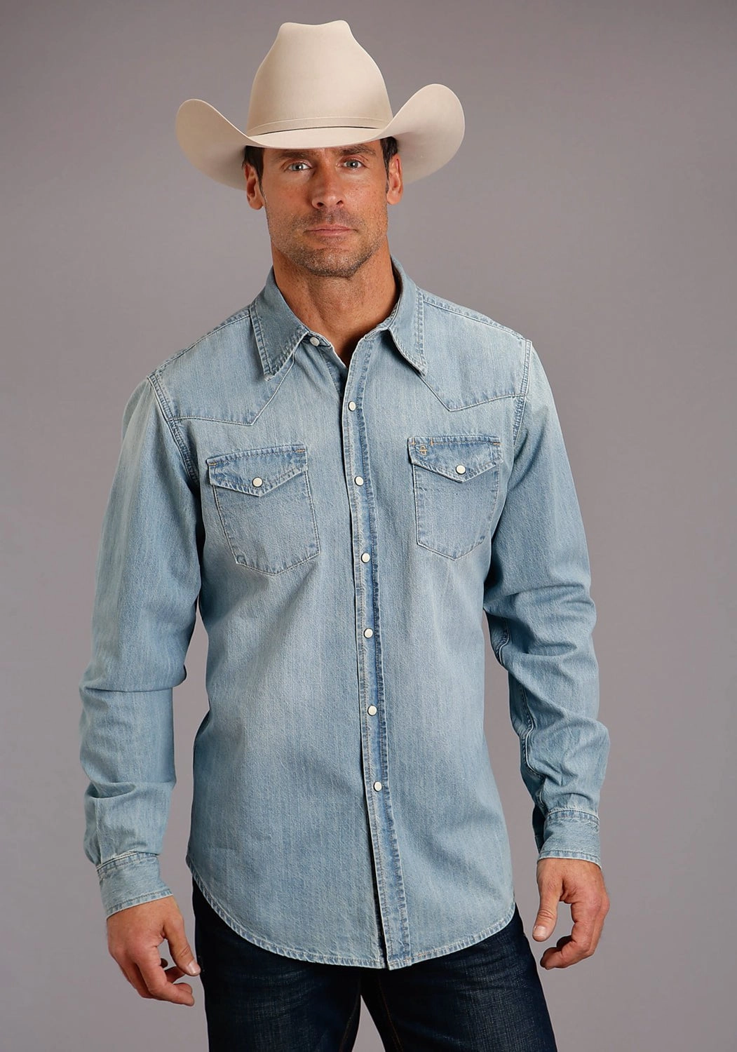Moisture wicking Stetson Mens Light Blue 100% Cotton Snap L/S Shirt